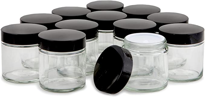 Vivaplex, 12, Clear, 4 oz, Round Glass Jars, with Inner Liners and black Lids