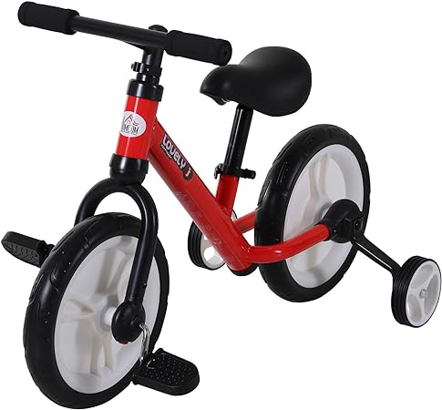 HOMCOM Vélo Enfant draisienne 2 en 1 roulettes et pédales Amovibles Roues 11" Hauteur Selle réglable pour Enfants de 2 à 5 Ans Acier