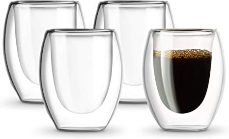 Espresso Cups, Double Walled, By KooK, Borosilicate, Thermal, Insulated Glass, Coffee, Set of 4, 2.7oz