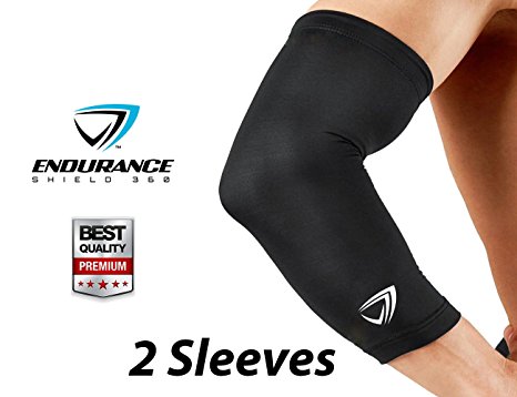 Premium Elbow Compression Sleeve (2 pcs) - Athletic Elbow Sleeve Used for Basketball, Tennis, Baseball, Running - Great Elbow Support - Sized for Men & Women - Endurance Shield 360® - 100% Money Back Guaranteed!