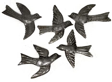 Set of 5 Small Birds Flying, Decorative Bird, Haitian Recycled Metal Drum Wall Art, Nature Inspired 4 x 5 Inches