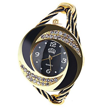 Elegant Round Dial Crystal Decoration Bangle Cuff Bracelet Watch for Women Ladies
