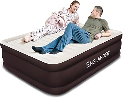 Englander First Ever Microfiber Queen Air Mattress, Luxury Microfiber airbed with Built in Pump, Highest End Blow Up Bed, Inflatable Air Mattresses for Guests Home Travel 5-Year Warranty (Brown)
