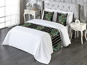 Ambesonne Botanical Bed Runner Set, Leaves and Branches Pattern with Lines Art on Dark Background, Decorative Bedding Scarf and 2 Pillow Shams for Hotels Homes, King, Laurel Green and Pale Camel