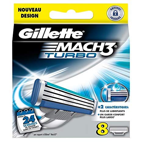 Gillette MACH3 Turbo Razor Blades - Enriched with Aloe Vera and Vitamin E - Pack of 8 Refills