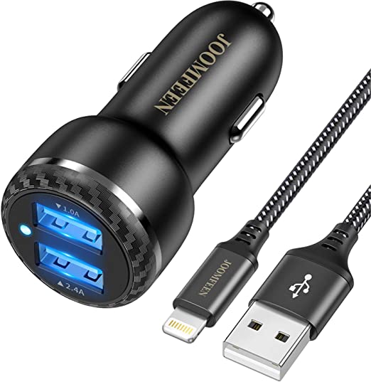 JOOMFEEN Car Charger Compatible with iPhone 11 Pro Max/11/XS Max/XS/XR/X/8/7 Plus/7/6S/6/5S/5C/SE/5,iPad Pro/Air/Mini, with 3ft Charging Cable Cord, 3.4a Dual Port Fast USB Car Phone Charger Adapter