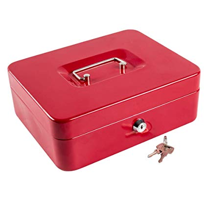 Kyodoled Large Metal Cash Box with Money Tray and Lock,Money Box with Cash Tray,Cash Drawer,9.84"x 7.87"x 3.54" Red Large