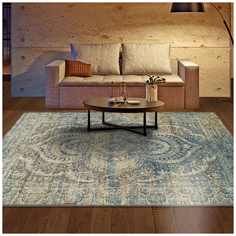 Superior Salford Collection Area Rug, 10mm Pile Height with Jute Backing, Fashionable and Affordable Rugs, Distressed Vintage Persian Rug Design - 8' x 10' Rug, Blue and Beige