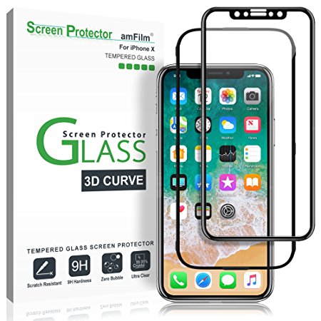 iPhone X Screen Protector Glass, amFilm Apple iPhone 10 Full Screen Glass Screen Protector 3D Curved with Full Screen Adhesive and Application Tray for iPhone X 0.3mm (1-Pack)