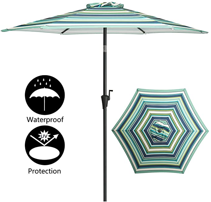 TAGI 7.5 feet Hand Shake Outdoor Patio Umbrella 6 Rib Crank Lift Hand tilt, Green Blue Yellow and White Stripes