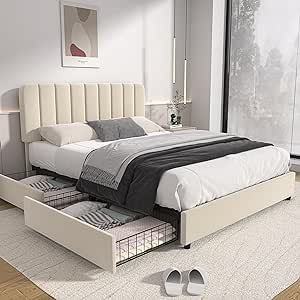 VECELO Full Size Upholstered Bed Frame with 4 Drawers and Adjustable Headboard, Velvet Platform Storage Bedframe Mattress Foundation, Wooden Slats Support, No Box Spring Needed, Beige