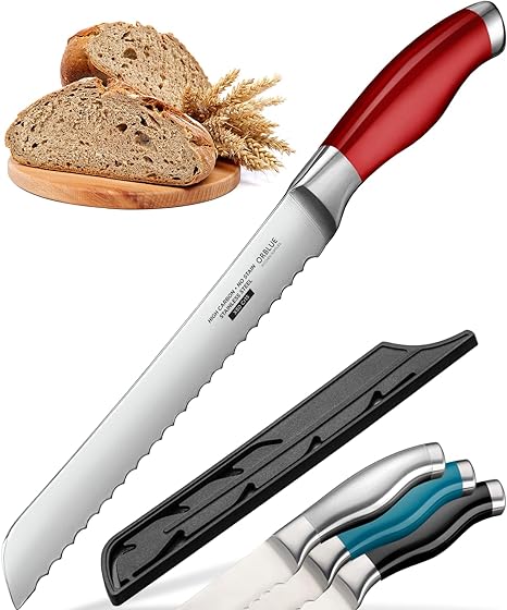 Orblue Serrated Bread Knife Ultra-Sharp Stainless Steel Professional Grade Bread Cutter - Cuts Thick Loaves Effortlessly - (8-Inch Blade with 4.9-Inch Handle), Red