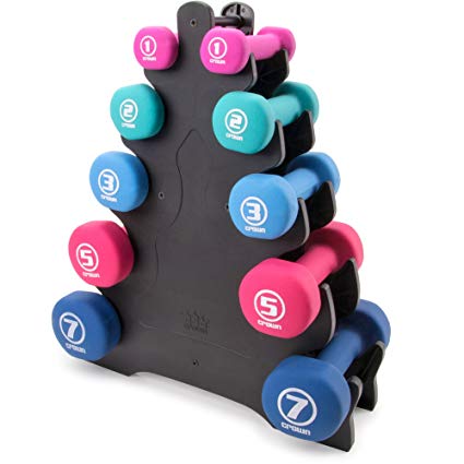Crown Sporting Goods 5 Pairs of Neoprene Exercise Dumbbells - Fitness Sculpting Hand Weights with Mobile Storage Rack