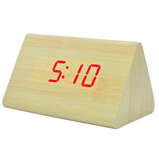 Wooden Alarm Clock LED Digital Desktop Multifunction Travel Home Bedroom Decoration Electronic Clock for Living Room (4.81x2.64x3.00, Bamboo Wood Red Light)
