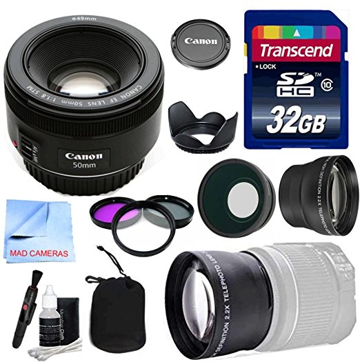Canon Lens Kit With Canon EF 50mm f/1.8 STM Fixed Zoom/ Portrait Lens (49mm Thread)   Wide & Telephoto Auxiliary Lenses   3 Piece Filter Kit   32 GB Transcend SD Card-for Canon DSLR Cameras