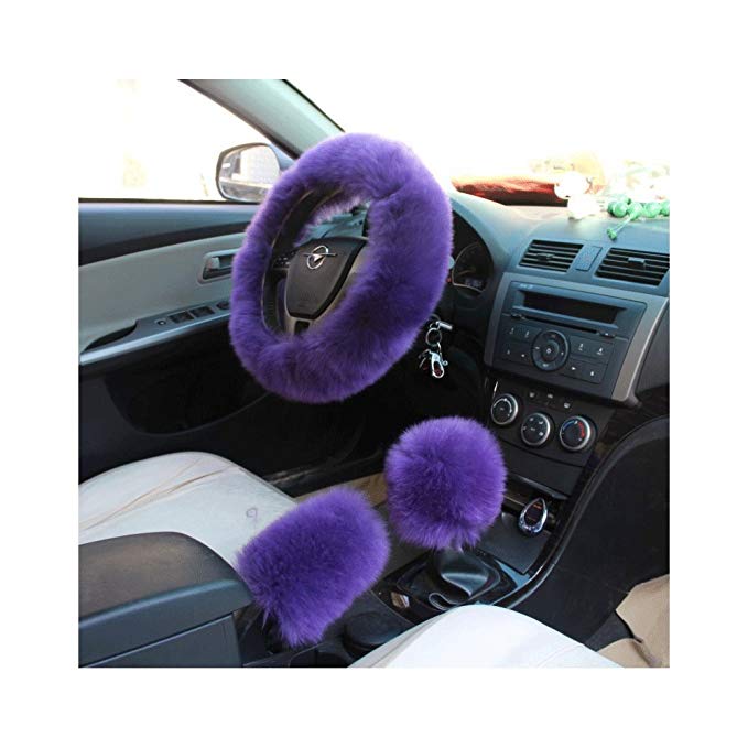 Generic 1 Set 3pcs Fuzzy Car Accessories Winter Warm Wool Steering Wheel Cover for Girl Handbrake Cover Gear Shift Cover Fit Most Car (purple)