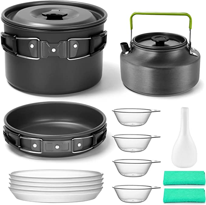 Odoland 15pcs Camping Cookware Mess Kit, Camping Cooking Set, Portable Nonstick Camp Pots and Pans Set with Kettle, Plates Bowls for Outdoor Camping, Picnic, Hiking, Backpacking