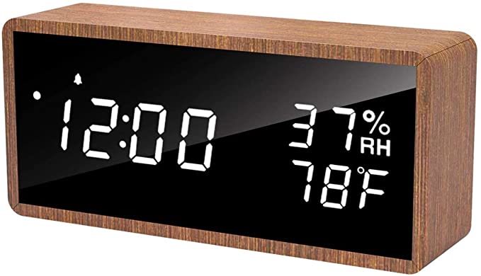 meross Digital Alarm Clock for Bedrooms, Real Wood, LED Display Desk Clock, Time Temperature Humidity, 3 Sets of Alarms, Adjustable Brightness, LED Sound Wake Up Function