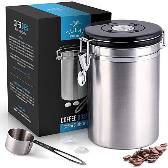 Coffee Boss Coffee Canister, Large Stainless Steel Coffee Bean Storage Container (64floz), Ground Coffee Container Airtight Lid, CO2 Valve & Free Scoop, Best Storage for Fresh Coffee Beans - by Zulay