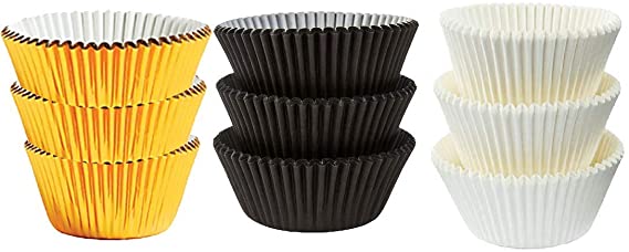 Large Jumbo Texas Muffin/Cupcake Cups White flutted Cupcake Liners Baking Cups (50White 25Black 25Gold Foil)