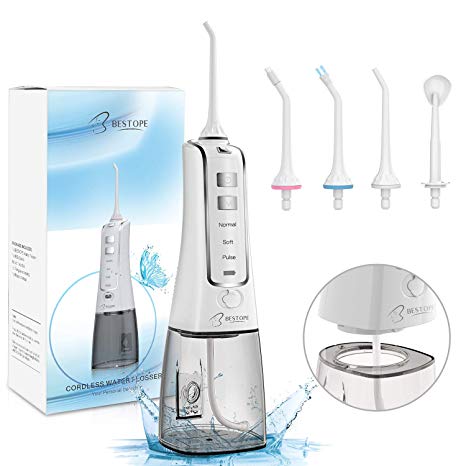 BESTOPE Cordless 300ml Water Flosser,Portable Rechargeable Dental Oral Irrigator,IPX7 Waterproof,3 Mode Professional Teeth Cleaner with 5 Flossing Tips for Brace and Teeth Whitening,Travel and Home Use