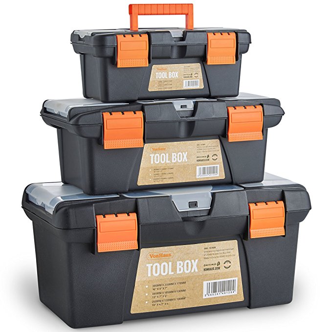 VonHaus Tool Boxes | Portable Tool Box Storage Set x3 10" 13" 16" Small/Medium/Large