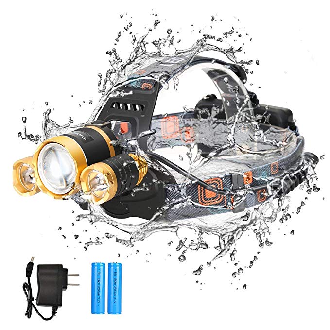 LED Headlamp Flashlight Rechargeable, Bright Cree Rotatable Waterproof LED Flashlight With 4 Modes Light Zoomable Head Lights for Hardhat, Camping, Running, Hiking, Indoor or Outdoor -Gold
