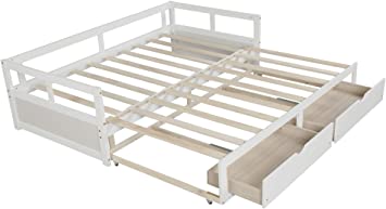 windaze Daybed with Trundle and 2 Storage Drawers Full Twin to King Size, Solid Wood Extendable Multi-Function Bed with Slats Support, White