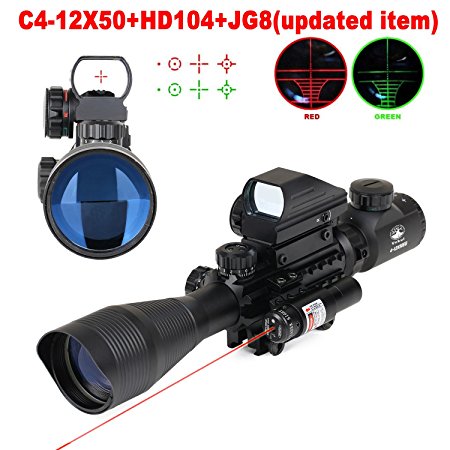 Vokul Tactical Rifle Scope 4-12x50EG Dual Illuminated Gun Scope and 4 Tactical Multi Optical Coated Holographic Red and Green Dot Sight for Hunting AR15 W/ 22mm Rail Mount