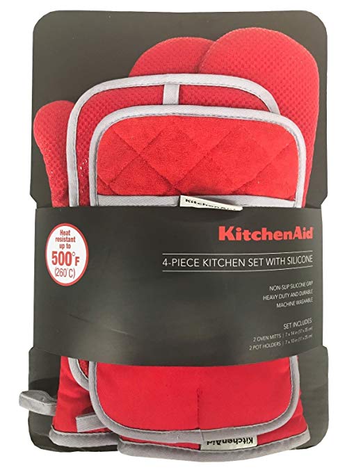 KitchenAid 4 Piece Kitchen Set w/ Silicone 2 Oven Mitts, 2 Pot Holders (Red)