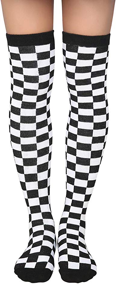 HDE Women's Checkered Socks Extra Long Over the Knee High Checkered Board Stockings (Black White)