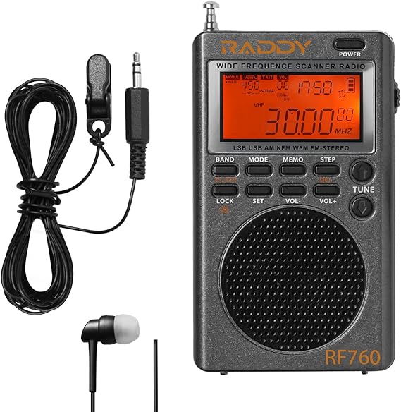 Raddy RF760 Radio numérique à ondes courtes à large bande FM/AM/SW/CB/VHF(UHF)/WX/Air, rechargeable avec prise casque, antenne filaire de 3 m