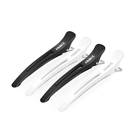 AIMIKE 4pcs Professional Hair Clips for Styling Sectioning, Non Slip No-Trace Duckbill Hair Clips w/ Silicone Band, Salon and Home Hair Cutting Clips for Hairdresser, Women, Men - White & Black 4.3”