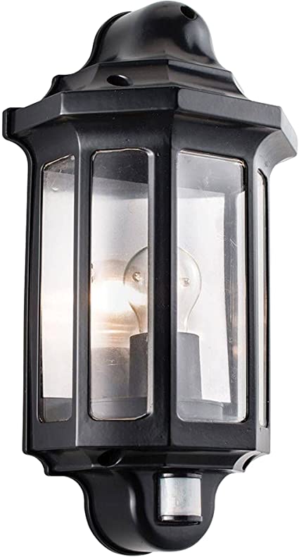 Black Outdoor Security Lights - PIR External Wall Light - Motion Sensor Presence Detector Half Lantern Garden Porch Wall Lamp - IP44 Rated 60W GLS ES or LED E27 (Not Included)