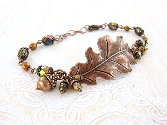 Antique Copper Autumn Oak Leaf Bracelet with Iridescent Green Czech Glass Beads