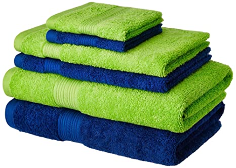 Amazon Brand - Solimo 100% Cotton 6 Piece Towel Set, 500 GSM (Iris Blue and Spring Green)