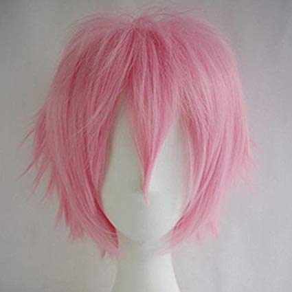 Short Anime Cosplay Wigs for Women and Men Unisex Halloween Costume Pink Wig Oblique Bangs   One elastic wig cap for free