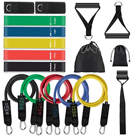 Resistance Bands Set Workout Bands 17 Pcs - Including 5 Stackable Exercise Bands   5 Resistance Loop Exercise Bands with Carry Bag/Door Anchor/Legs Ankle Straps for Yoga/Pilates by MIBOTE