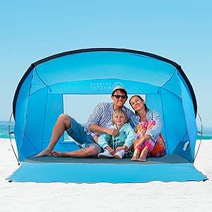 OutdoorMaster Beach Tent for 3-4 Person - Easy Setup and Portable Beach Shade Sun Shelter Canopy with UPF 50  UV Protection Removable Skylight Family Size - Blue