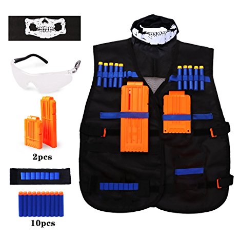 Kids Tactical Vest Kit for Nerf Guns, Rolytoy N-Strike Elite Series with Refill Darts, Quick Reload Clips, Hand Wrist Bands, Face Tube Mask, and Protective Glasses