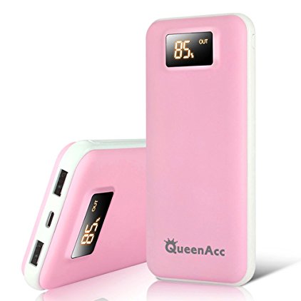 QueenAcc 20000mAh Power Bank Portable Charger External Battery Pack Lightning and Micro Input LED Digital Display for iPhone, iPad, Samsung and More.(Pink)