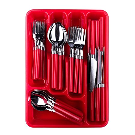 Moxinox 48 Piece Flatware Set Silverware Tableware Plastic Handle Steak Knife Spoons Forks Knives Box Fork with Cutlery Tray (Red)