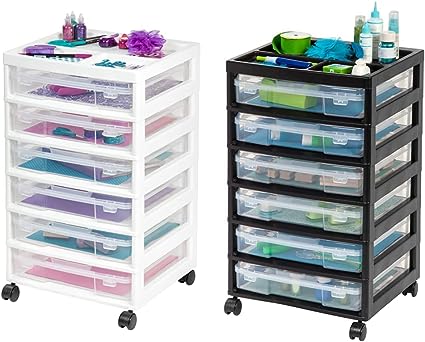 IRIS USA Fits 12" x 12" Paper, 2 pack 6-Tier Scrapbook Rolling Storage Cart with Organizer Top for Paper Tools Office Art and Craft Supplies, Black & White Frame with 6 Clear Cases w/Built in Handle