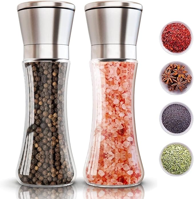 2PCS Salt and Pepper Grinder Set, Large Adjustable Coarseness Coarse & Fine Salt Shakers, Stainless Steel Salt and Pepper Mills, Premium Glass Salt & Pepper Sets Manual Grinders Without Spice (Silver)