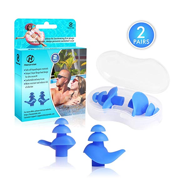 Hearprotek [Upgraded Design] Silicone Swimming Earplugs, 2 Pairs Waterproof Reusable Ear Plugs for Swimming Showering Bathing Surfing and Other Water Sports Adult Size