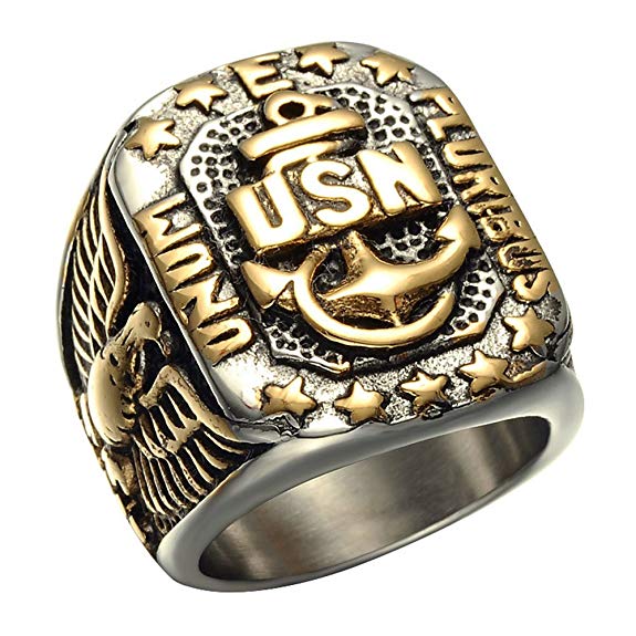 JAJAFOOK Men's Gold Plated Anchor United States USN Navy Military US Army Marine Biker Ring