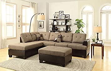 Poundex Bobkona Winden Blended Linen 3-Piece Reversible Sectional Sofa with Ottoman, Tan