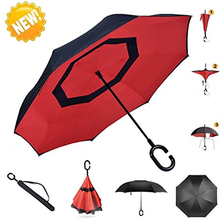 Umbrella Suplong Reverse Umbrella Double Layer Inverted Umbrella Windproof UV Protection Big Straight Umbrella for Car and Outdoor Use With C-Shaped Handle and Carrying Bag