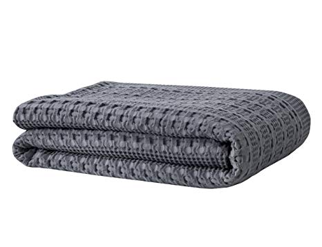 PHF Cotton Waffle Weave Blanket Home Decoration Breathable Cozy Warmth for Winter King Size Dark Grey