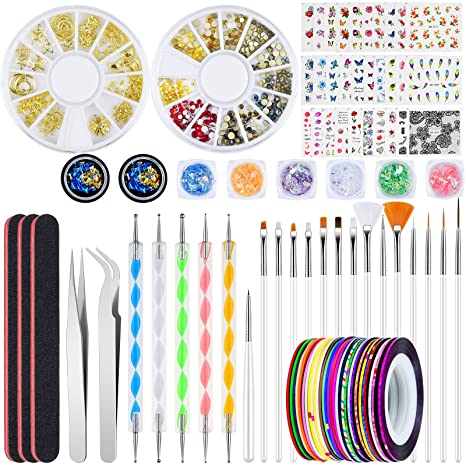 EAONE 115Pcs Stamp Nail Art Kit Set with Nail Painting Brushes Nail Rhinestones Nail Dotting Tool Tweezers Manicure Tape Nail Sticker Shell stickers Foils Flakes and Nail File for Nail DIY Accessories